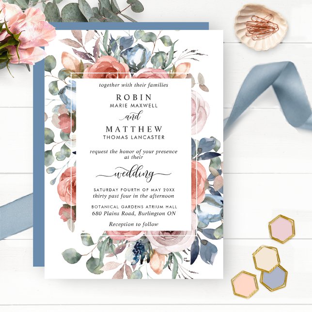 Convite Feliz Casamento Floral, Dusty Blue Elegant (Criador carregado)