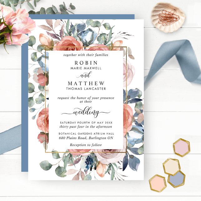 Convite Feliz Casamento Floral, Dusty Blue Elegant (Criador carregado)