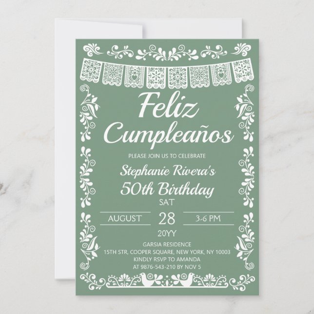 Convite Feliz Cumpleaños de 50 anos em Sage Green (Frente)