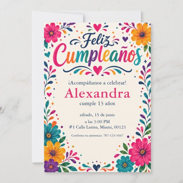 Convite Feliz Cumpleaños Floral Fiesta Personalizado Espan (Frente)