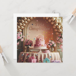Convite “Feliz Cumpleaños” Rosa Elegante e Dourado de Aniv