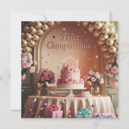 Convite “Feliz Cumpleaños” Rosa Elegante e Dourado de Aniv