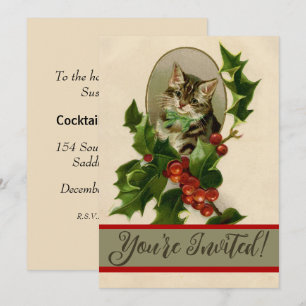 Convite Feliz de Natal Holly Kitten Arte Antiquada