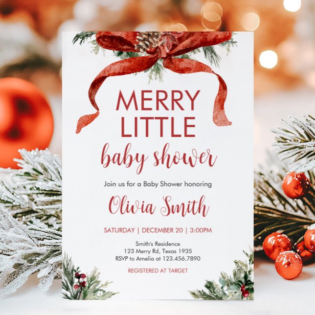 Convite Feliz de Natal Pequeno Chá de fraldas (Red Bow Merry Little Christmas Baby Shower Invitation)