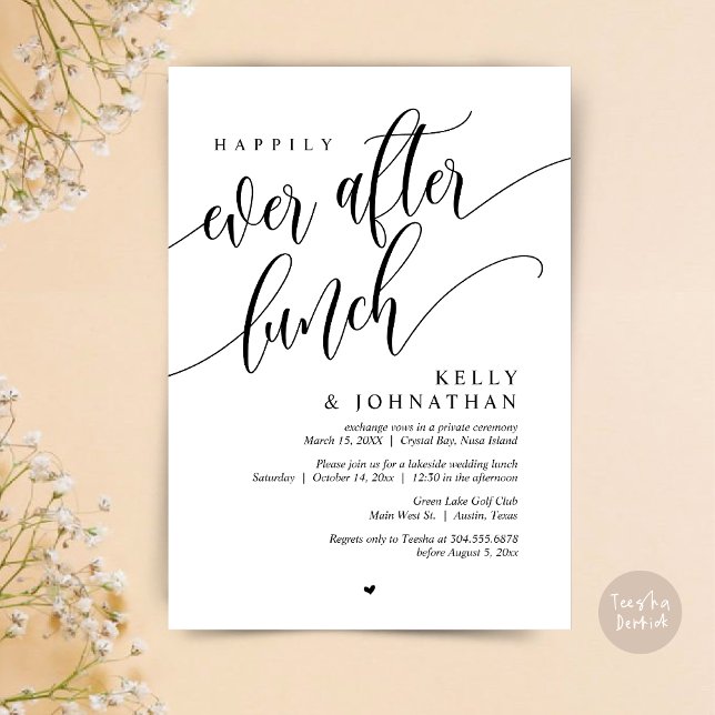 Convite Feliz Dia Após Almoço De Casamento, Branco Negro (Happily Ever After Lunch Invitation Card, PDF, Post Wedding Celebration, in Black and White)