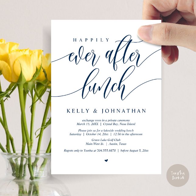 Convite Feliz Dia Após Almoço De Casamento, Marinho Azul (Happily Ever After Wedding Lunch Invitation Card, PDF, Modern Calligraphy, in Navy Blue)