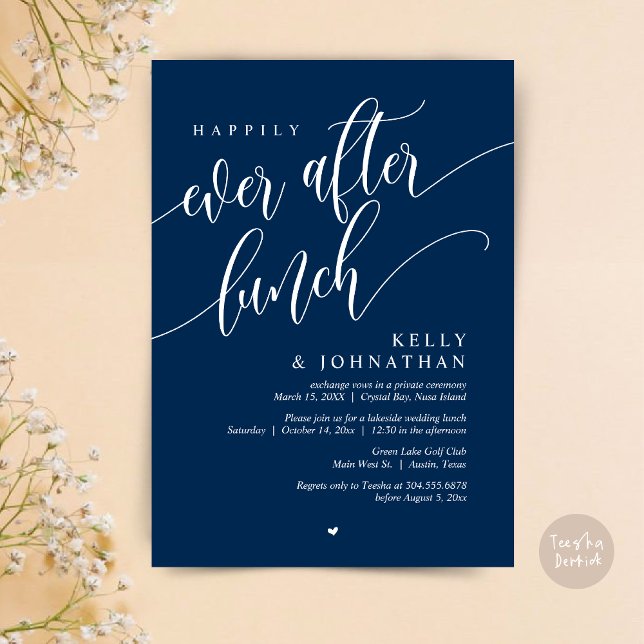 Convite Feliz Dia Após Almoço De Casamento, Marinho Azul (Happily Ever After Lunch Invitation Card, PDF, Post Wedding Celebration, in Classy Navy Blue)