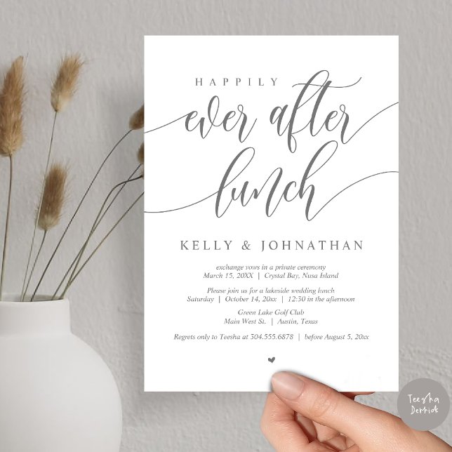 Convite Feliz dia após o almoço de casamento, em Cinzas es (Happily Ever After Wedding Lunch Invitation Card, PDF, Modern Calligraphy, in Dark Grey)