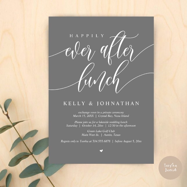 Convite Feliz dia após o almoço de casamento, em Cinzas es (Happily Ever After Wedding Lunch Invitation Card, PDF, Modern Calligraphy, in Dark Grey)