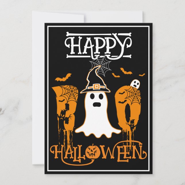 CONVITE FELIZ DIA DAS BRUXAS BOO GHOST BRANCO FESTA ASSUST (Frente)