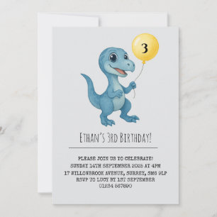 Convite Feliz Dinossauro Azul Segurando Balão de Aniversár