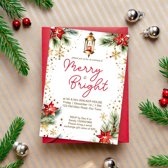 Convite Feliz e brilhante lanterna da festa de janto de Na (Merry and bright Christmas dinner party editable template invitation digital download poinsettia )