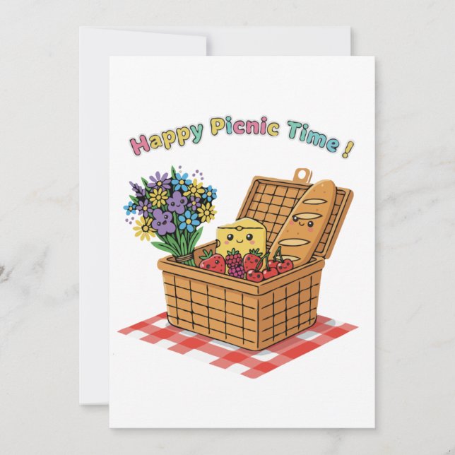 Convite Feliz Época de Piquenique! Comida e Flores Kawaii  (Frente)