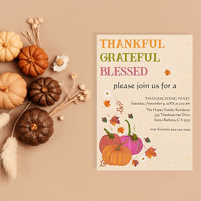 Convite Feliz Feliz Abençoado Pumpkins Caiu (Thanksgiving dinner invitations pumpkins, thankful, grateful and blessed. Easy to personalize)