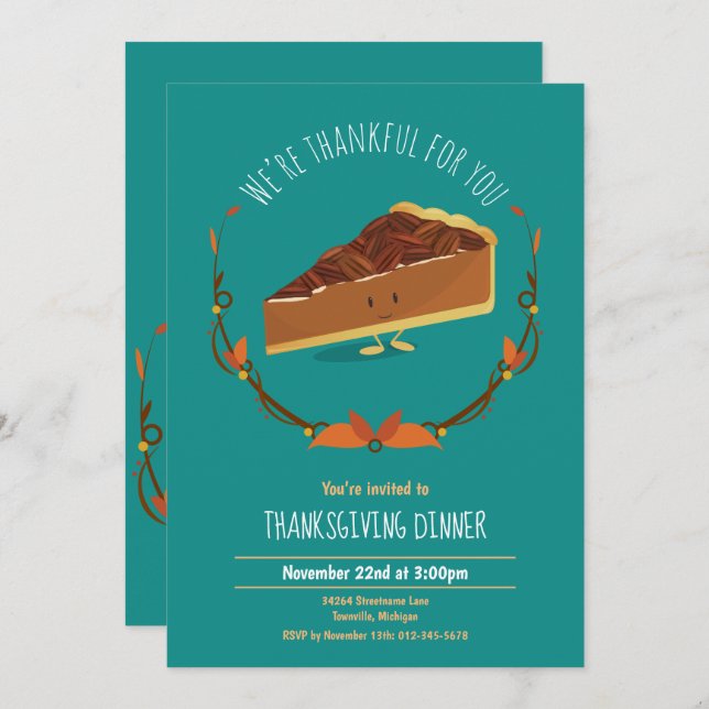 Convite Feliz Feriado Feliz Pecan Pie Convide Teal (Frente/Verso)