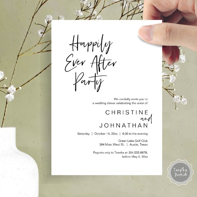 Convite Feliz Festa Após Festa, Janto De Casamento Dançand (Happily Ever After Party, Modern Wedding Dinner Dancing Invitation Card, PDF, Black and White)