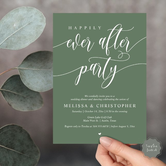 Convite Feliz Festa Após Festa, Janto De Casamento Dançand (Happily Ever After Party, Wedding Dinner and Dancing Invitation Card, PDF, in Forest Sage Green)
