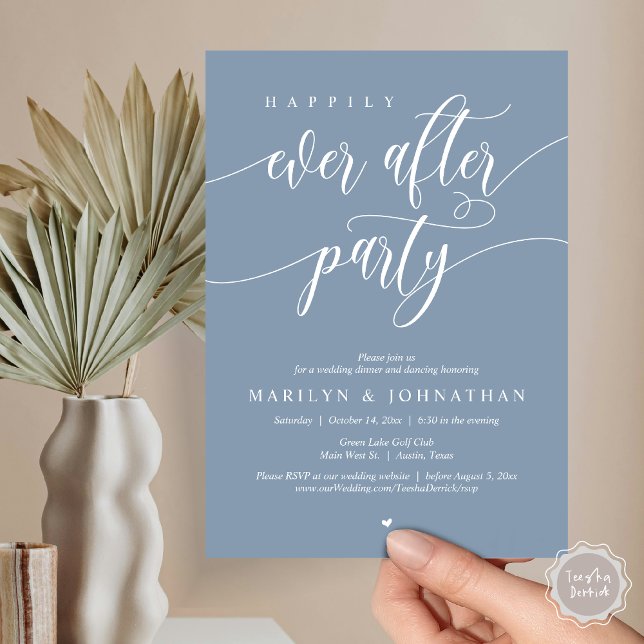 Convite Feliz Festa Após Festa, Janto De Casamento Dançand (Happily Ever After Party, Modern Minimalist Wedding Dinner Invitation Card, PDF, Dusty Blue)