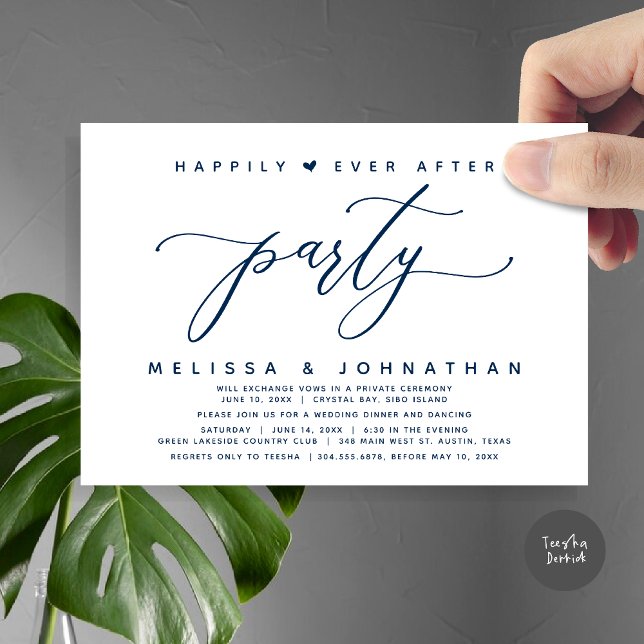 Convite Feliz Festa Após Festa, Marinho Janto Casamento Az (Modern Romantic Wedding Elopement Happily Ever After Dinner Party Invitation Card, PDF, Navy Blue)
