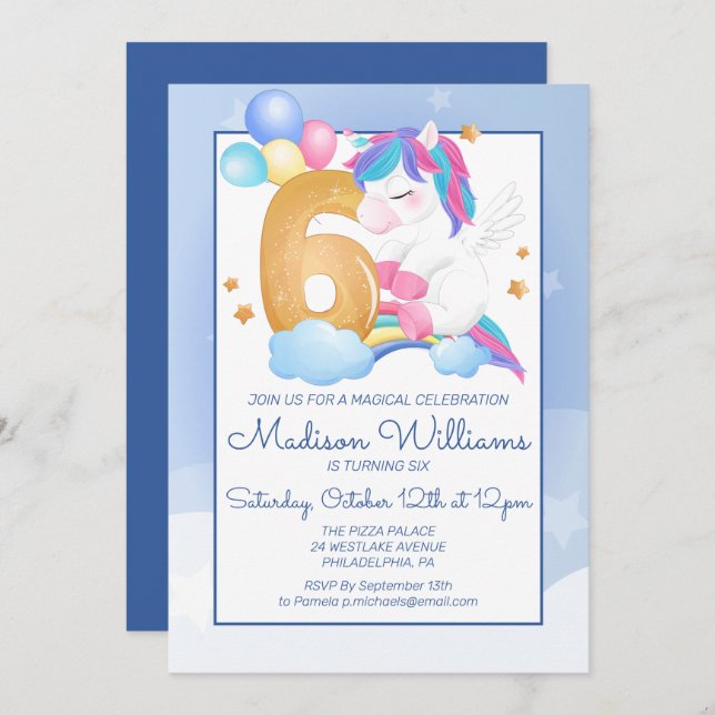 Convite Feliz Festa de Aniversário | 6 Birthday Unicorn (Frente/Verso)