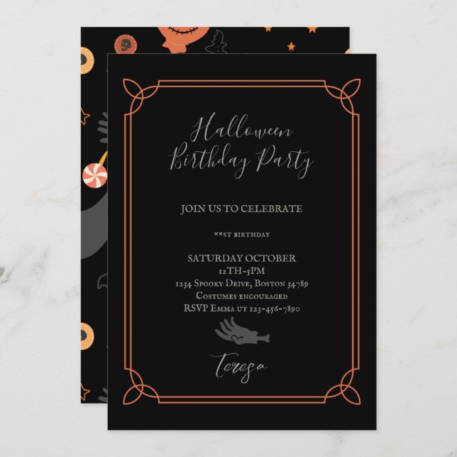 Convite Feliz Festa de aniversário de Figuras de Halloween (Frente/Verso)