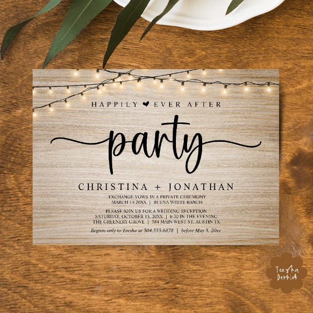 Convite Feliz Festa Depois, Casamento das Luzes das Cordas (Happily Ever After party, String Lights Wedding Invitation Card PDF Cottage Wood)