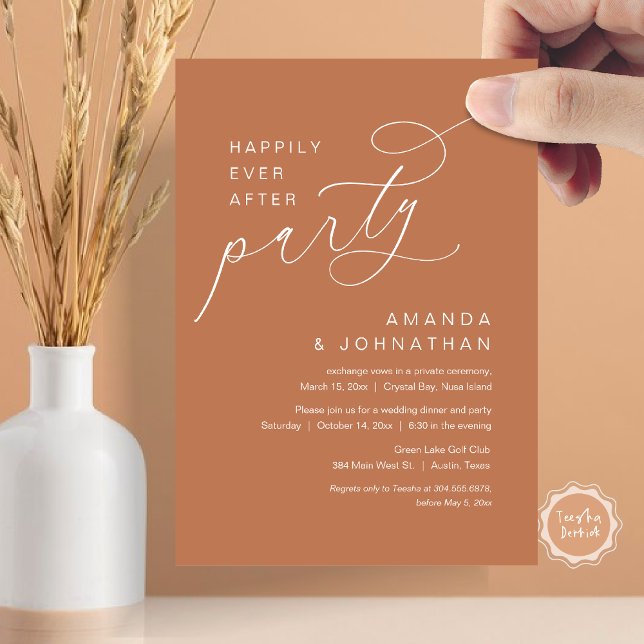 Convite Feliz Festa Depois, Casamento Romântico (Happily Ever After Party, Modern Romantic Wedding Dinner Invitation Card in Rustic Rust Orange)