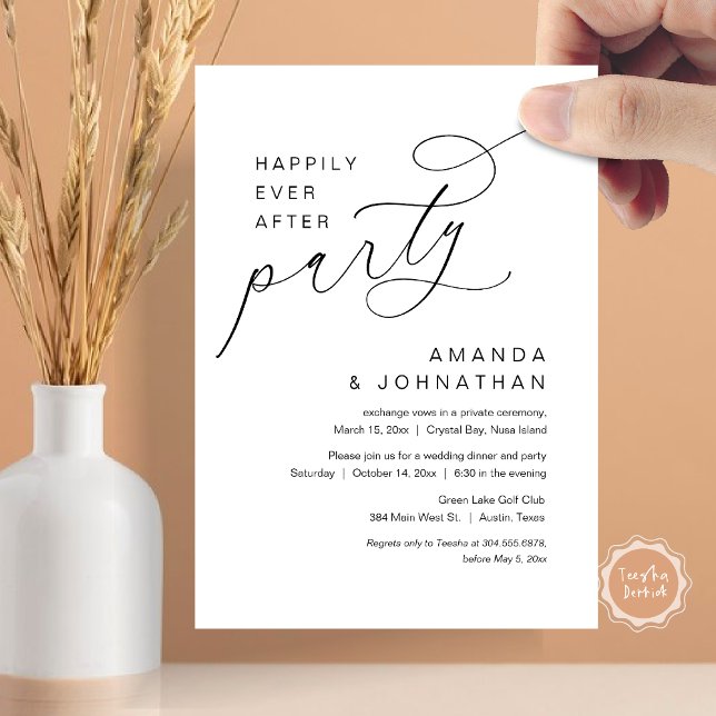 Convite Feliz Festa Depois, Casamento Romântico (Happily Ever After Party, Modern Romantic Wedding Dinner Invitation Card in Black and White)