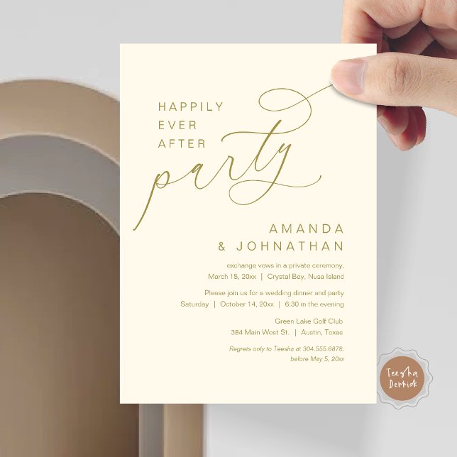 Convite Feliz Festa Depois, Casamento Romântico (Modern Romantic Script, Happily Ever After Party Invitation Card, in classy gold)