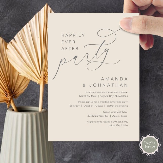 Convite Feliz Festa Depois, Casamento Romântico (Happily Ever After Party, Modern Romantic Wedding Dinner Invitation Card in Dark Grey and Cream)