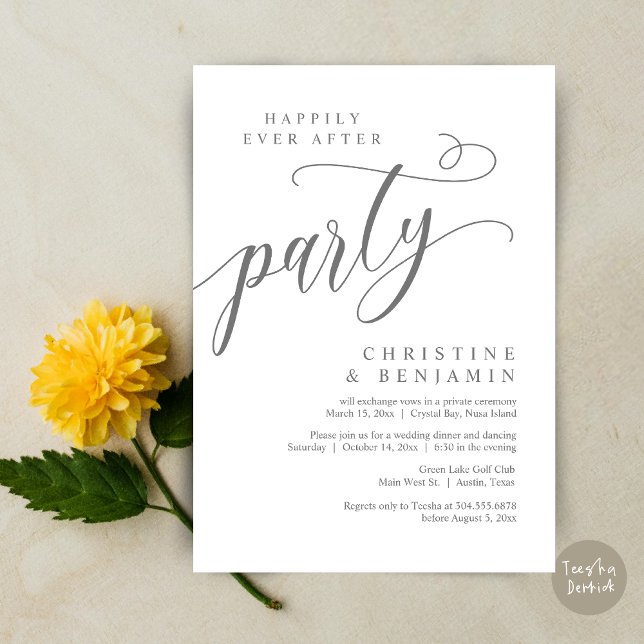 Convite Feliz Festa Depois, Elopemento De Casamento (Happily Ever After Party, Modern Romance Wedding Elopement Invitation Card, PDF, in dark grey)