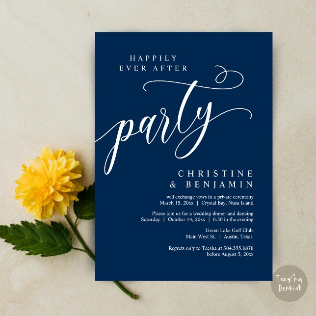 Convite Feliz Festa Depois, Elopemento De Casamento (Happily Ever After Party, Modern Romance Wedding Elopement Invitation Card, PDF, Timeless Navy Blue)