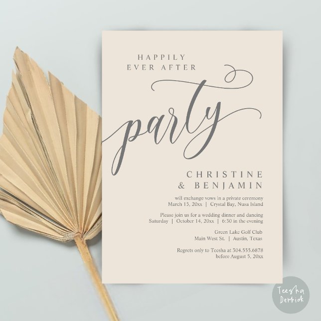 Convite Feliz Festa Depois, Elopemento De Casamento (Happily Ever After Party, Modern Romance Wedding Elopement Invitation Card, PDF, in Cream dark grey)