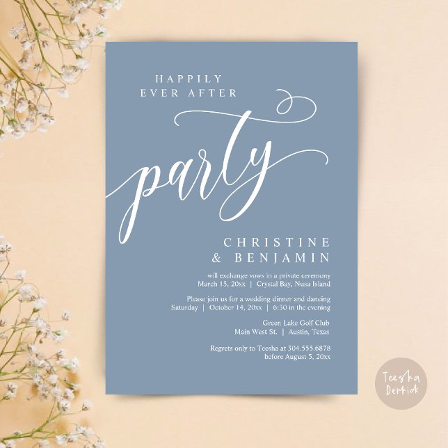 Convite Feliz Festa Depois, Elopemento De Casamento (Happily Ever After Party, Modern Romance Wedding Elopement Invitation Card, PDF, Dusty Blue)