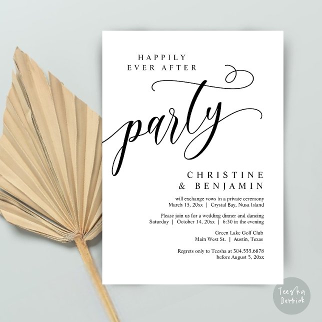 Convite Feliz Festa Depois, Elopemento De Casamento (Happily Ever After Party, Modern Romance Wedding Elopement Invitation Card, PDF, Elegant Black White)