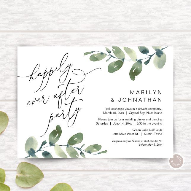 Convite Feliz Festa Depois, Elopemento, Greenerescência (Happily Ever After Party, Elopement Dinner Invitation Card, Greenery Eucalyptus, Digital Download)