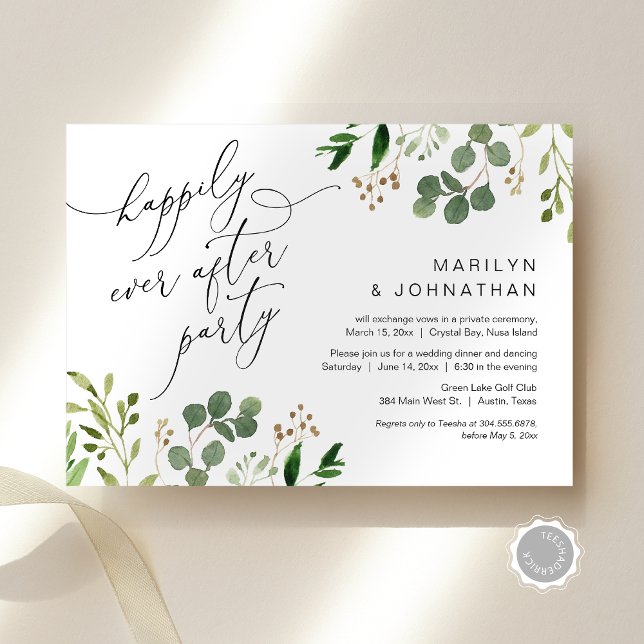 Convite Feliz Festa Depois, Elopemento, Greenerescência (Happily Ever After Party, Wedding Elopement, Greenery Eucalyptus Invitation Card, Downloadable)