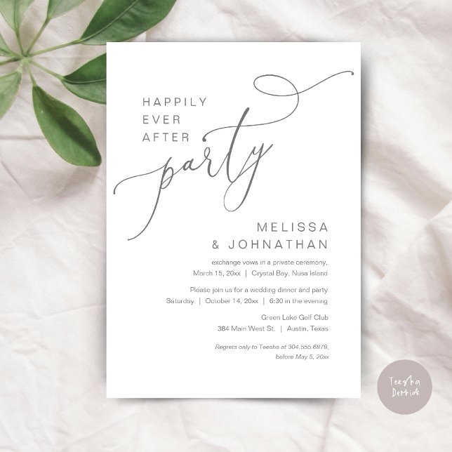 Convite Feliz Festa Depois, Janta De Casamento, Cinza (Happily Ever After Party, Romantic Wedding Dinner and Dancing Invitation Card, PDF, in Dark Grey)