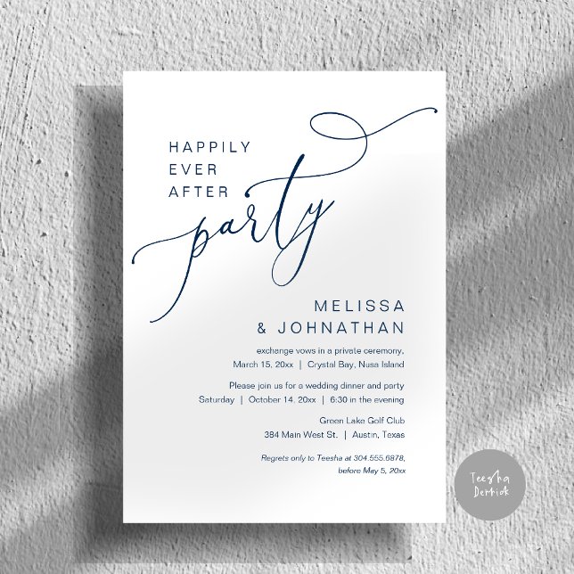Convite Feliz Festa Depois, Janta De Casamento, Marinho (Happily Ever After Party, Romantic Wedding Dinner and Dancing Invitation Card, PDF, in Navy Blue)