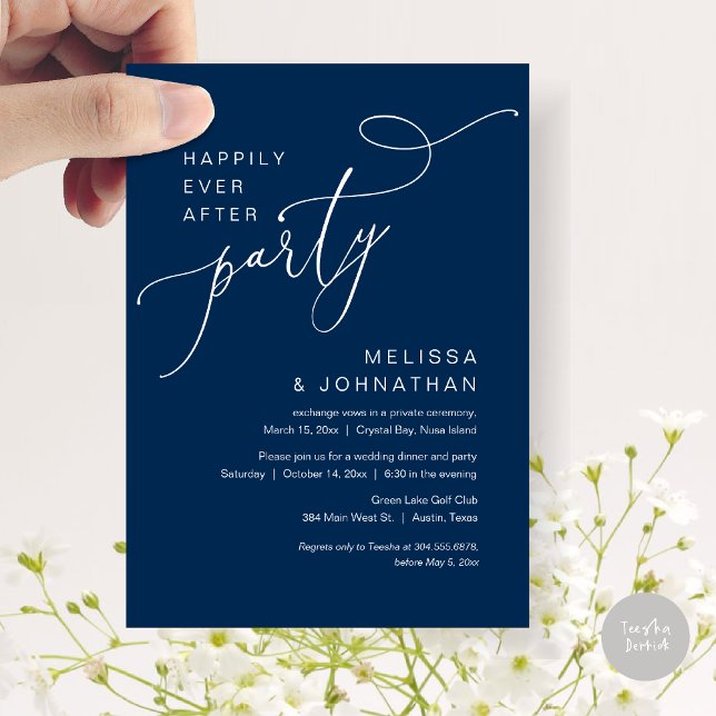Convite Feliz Festa Depois, Janta De Casamento, Marinho (Happily Ever After Party, Romantic Wedding Dinner and Dancing Invitation Card, PDF, in Navy Blue)