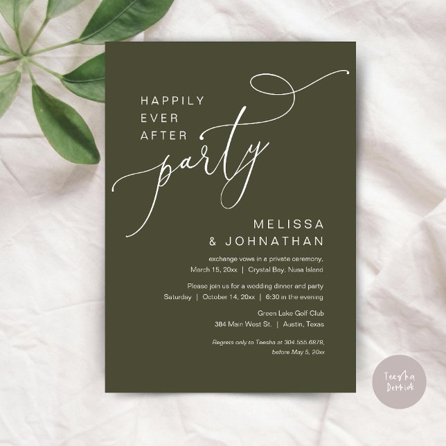 Convite Feliz Festa Depois, Janta De Casamento, Olive (Happily Ever After Party, Romantic Wedding Dinner and Dancing Invitation Card, PDF, in Olive Green)