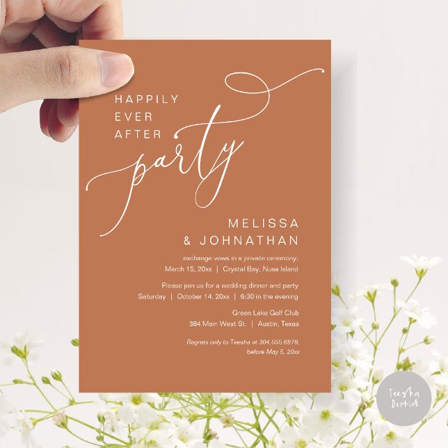 Convite Feliz Festa Depois, Janto De Casamento, Cobre (Happily Ever After Party, Romantic Wedding Dinner and Dancing Invitation Card, PDF, in Copper)