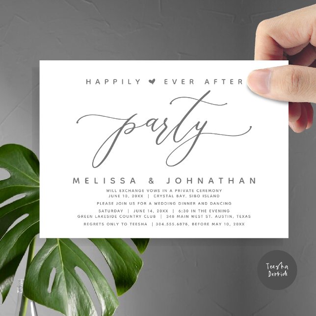Convite Feliz Festa Depois, Janto De Casamento De Cinzas E (Modern Romantic Wedding Elopement Happily Ever After Dinner Party Invitation Card, PDF, Grey)
