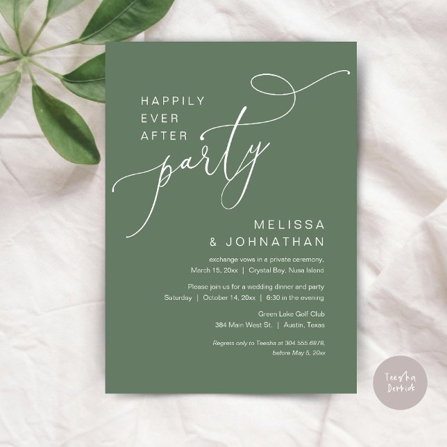 Convite Feliz Festa Depois, Janto de Casamento, em Sage (Happily Ever After Party, Romantic Wedding Dinner and Dancing Invitation Card, PDF, in Sage Green)