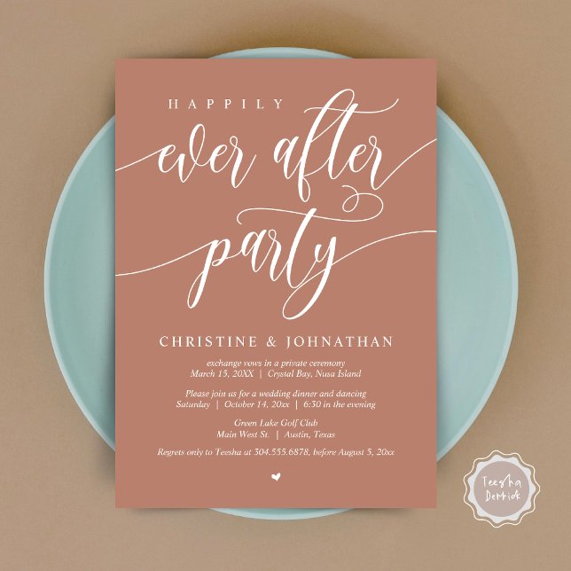 Convite Feliz Festa Depois, Janto de Elopemento de Casamen (Happily Ever After Party, Wedding Elopement Dinner Invitation Card, PDF, in Terracotta Earthy Brown)