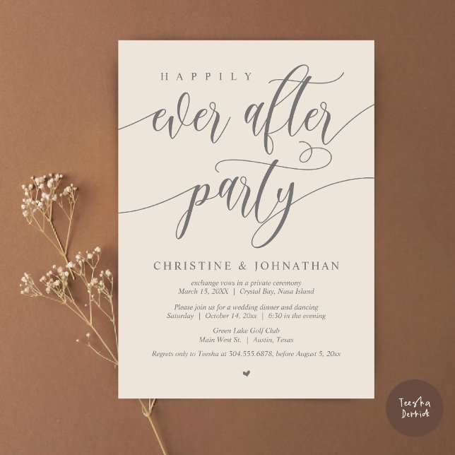 Convite Feliz Festa Depois, Janto de Elopemento de Casamen (Happily Ever After Party, Wedding Elopement Dinner Invitation Card, PDF, in Dark Grey and Cream)