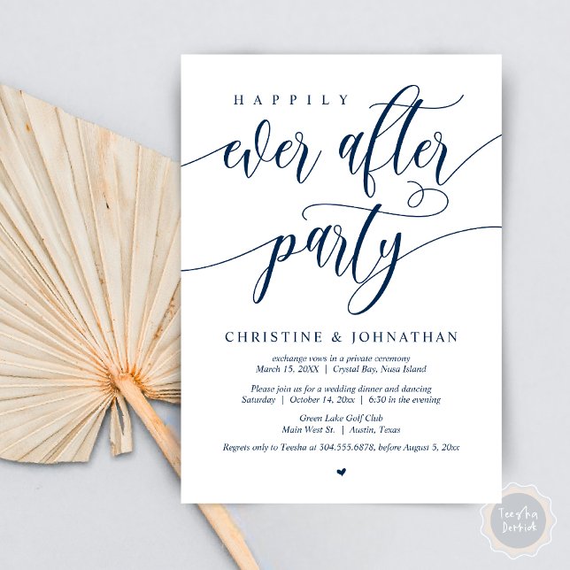 Convite Feliz Festa Depois, Janto de Elopemento de Casamen (Happily Ever After Party, Wedding Elopement Dinner Invitation Card, PDF, in Navy Blue)