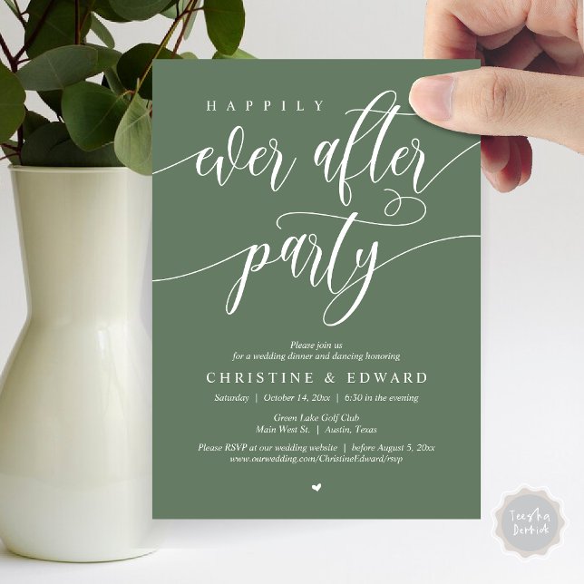 Convite Feliz Festa Depois, Janto de Elopemento de Casamen (Happily Ever After Party, Modern Wedding Elopement Dinner Invitation Card, PDF, in Forest Sage Green)