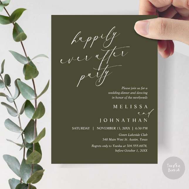 Convite Feliz Festa Depois, Janto de Elopemento de Casamen (Happily Ever After Party, Wedding Elopement Dinner Invitation Card, PDF, in Olive Green)