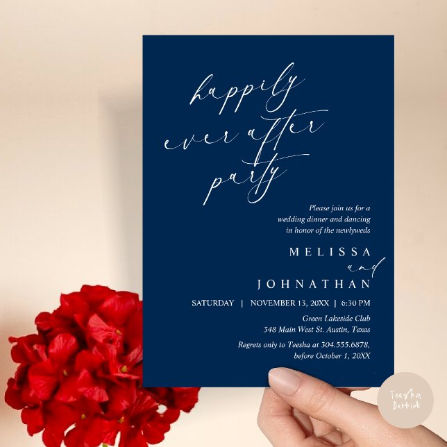 Convite Feliz Festa Depois, Janto de Elopemento de Casamen (Happily Ever After Party, Wedding Elopement Dinner Invitation Card, PDF, in Navy Blue)